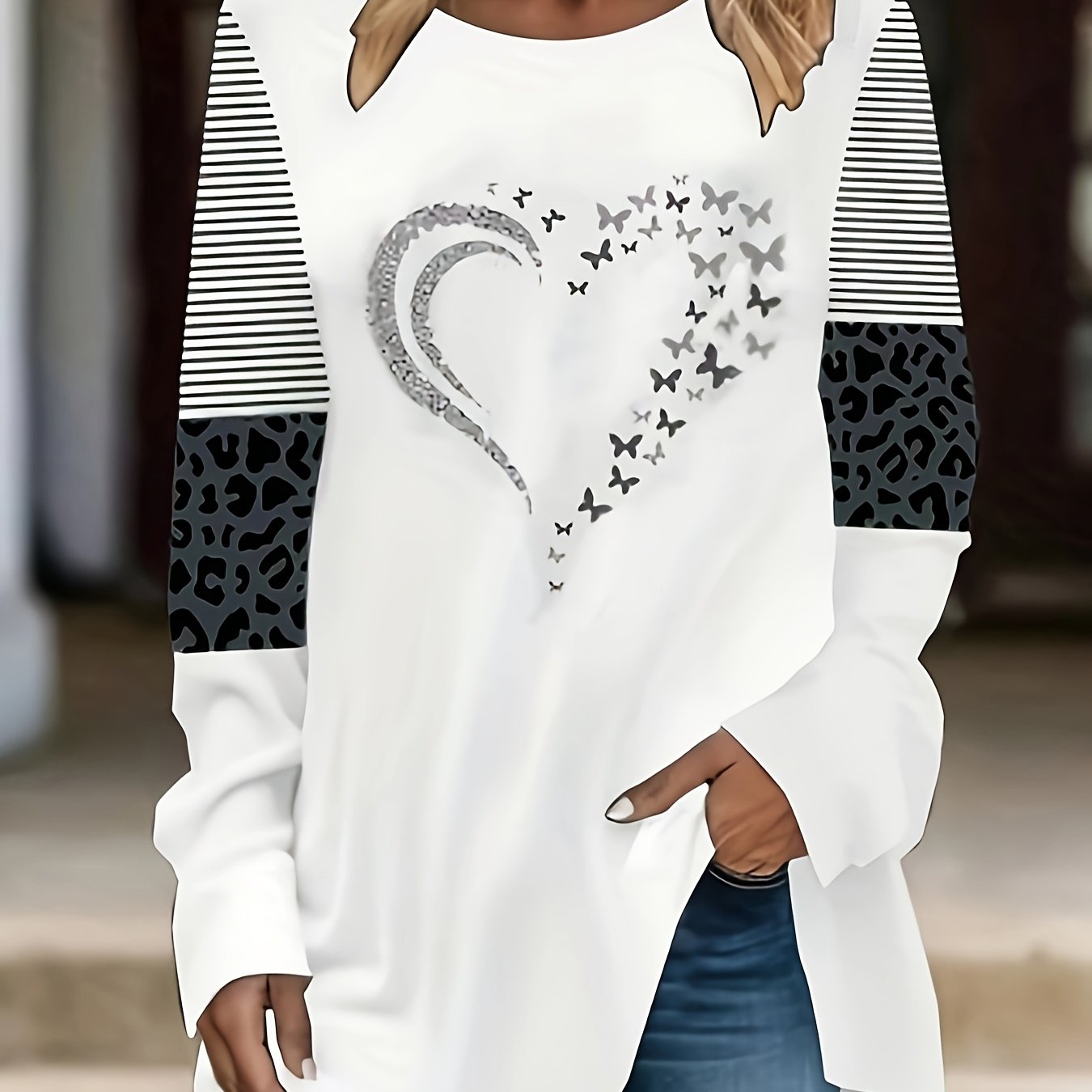 Plus Size Women's Cotton Long Sleeve T-Shirt Heart and Zebra Print White Black Brown