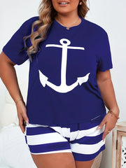 Plus Size Loungewear Set Women's Anchor Print Short Sleeve Top & Striped Shorts