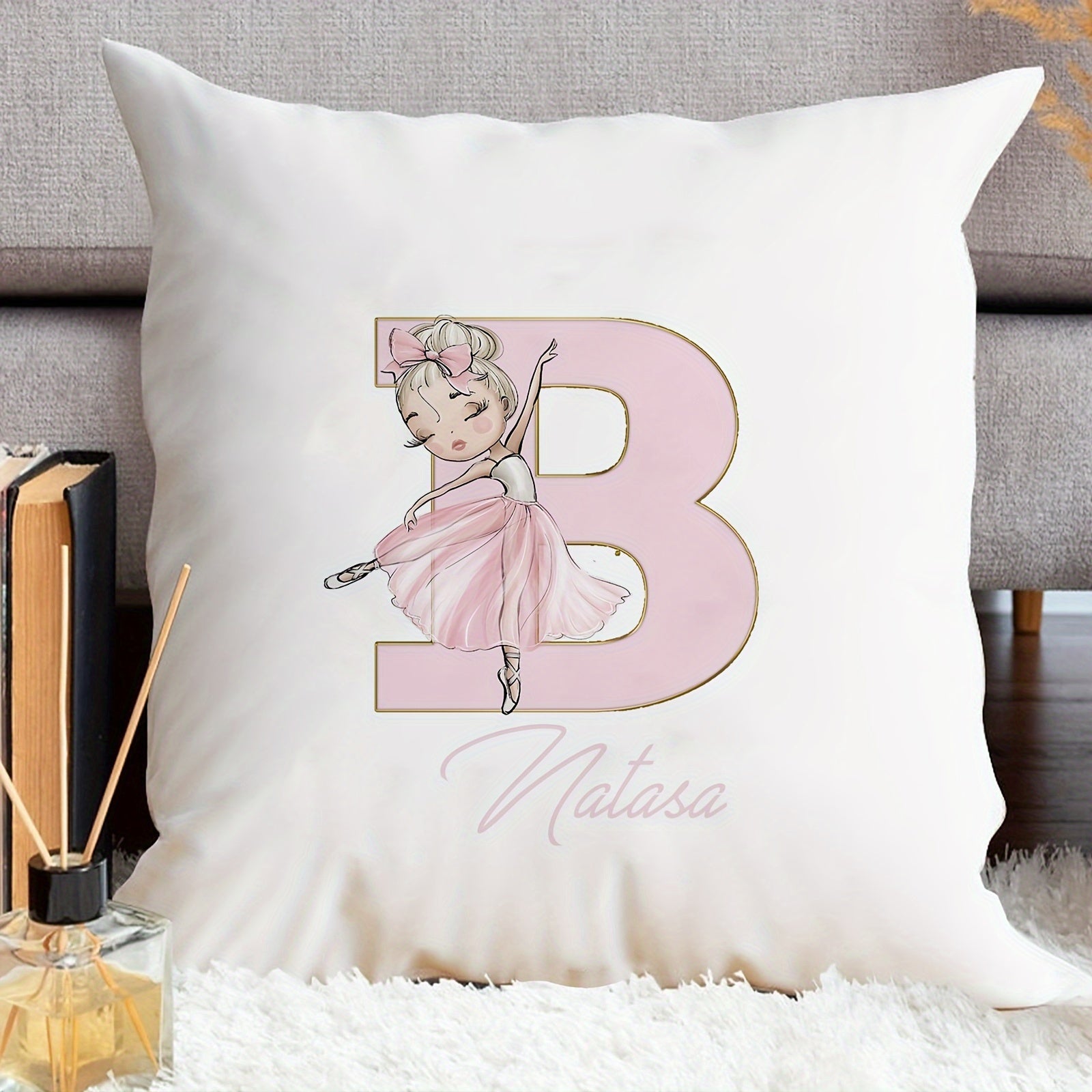 Shaxsiylashtirilgan samoviy yostiq qopqog'i, balet qiz dizayni bilan, pushti harflar, divan uchun dekor, bitta tomonli bosma