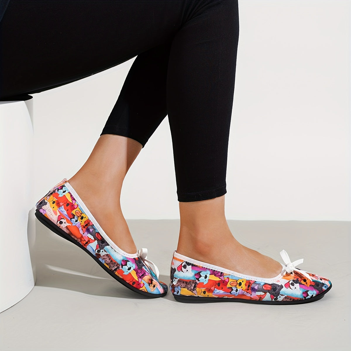 Zapatos planos de lona para mujer con estampado de dibujos animados y detalles de lazo