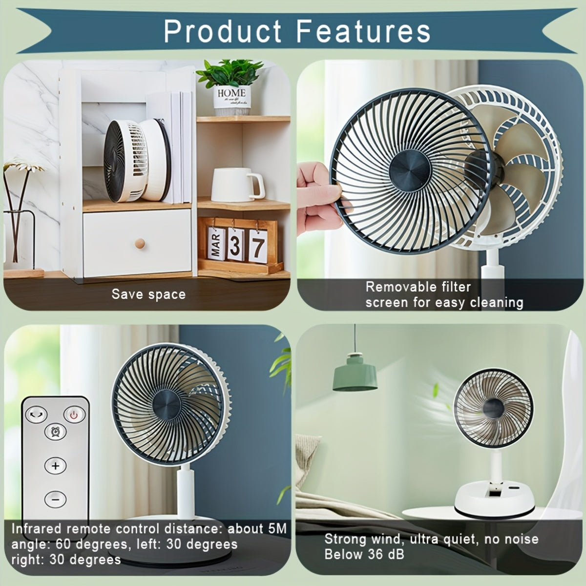 Portable Retractable Floor Fan with Remote, Rechargeable Battery, Oscillating Indoor Outdoor Fan