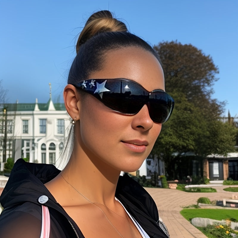 Gafas de moda unisex de gran tamaño con diseño futurista sin marco y decoraciones de estrellas