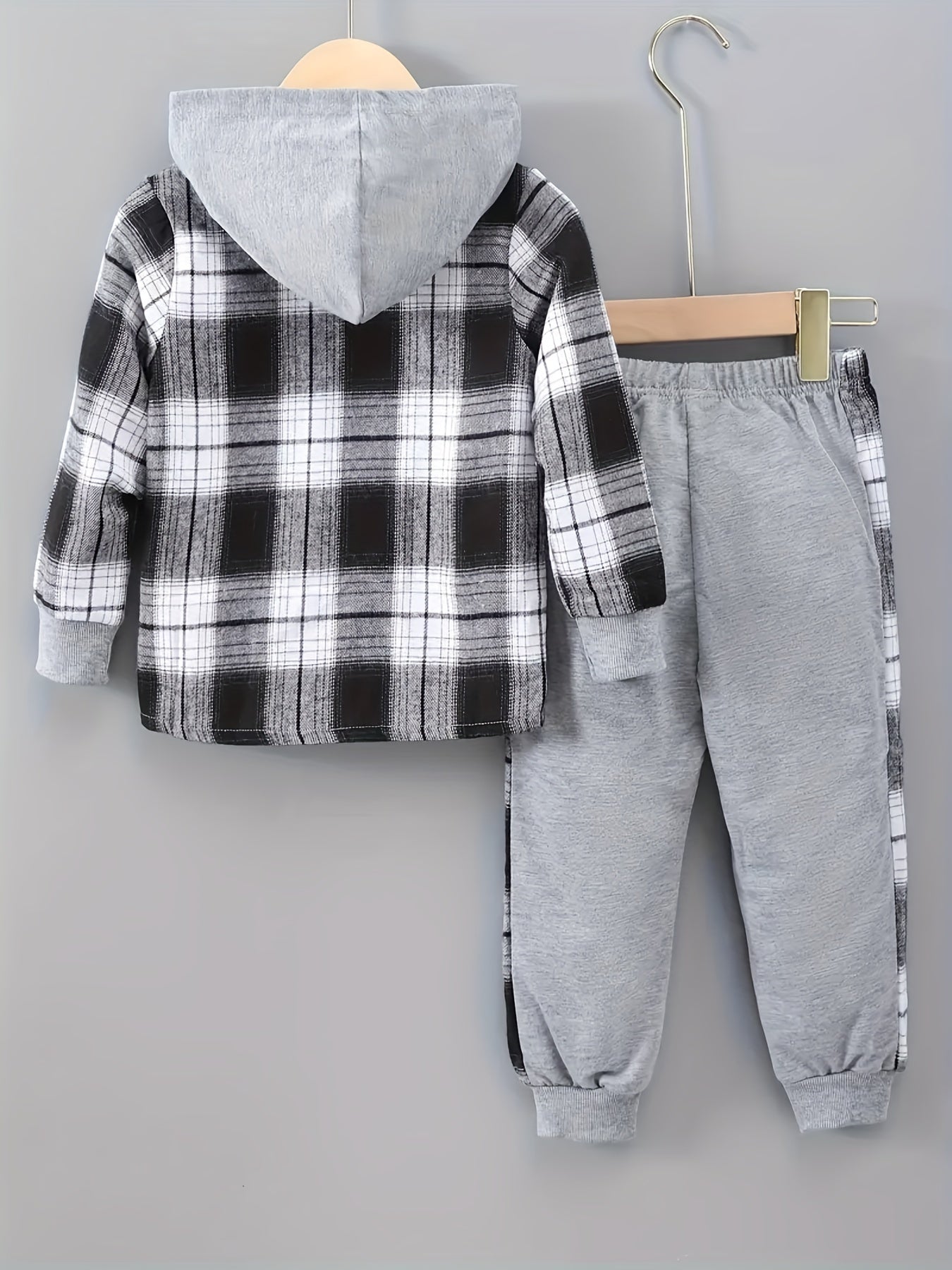 Kids Boys Plaid Hooded Casual Suit with Patchwork Pants for Spring and Fall