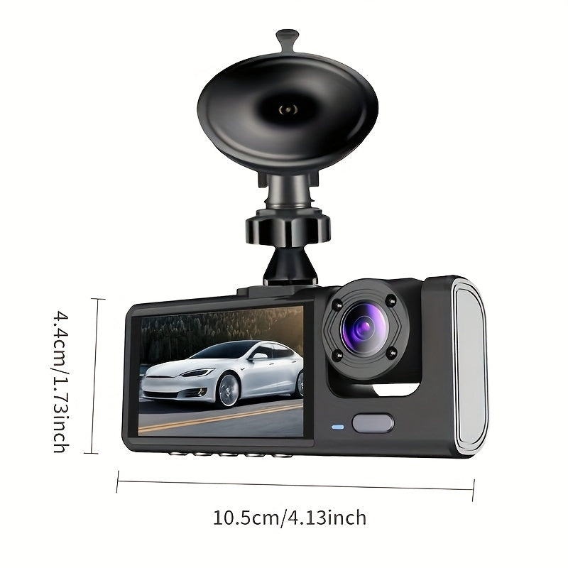 Car Dash Cam 1080P 3-Channel Night Vision Wide Angle Loop Recording Black