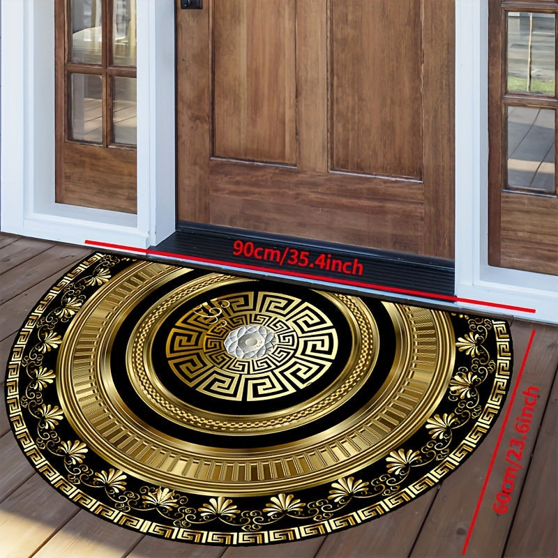 Semi-Circular Black and Gold Floral Rug Non-Slip Indoor Outdoor Polyester