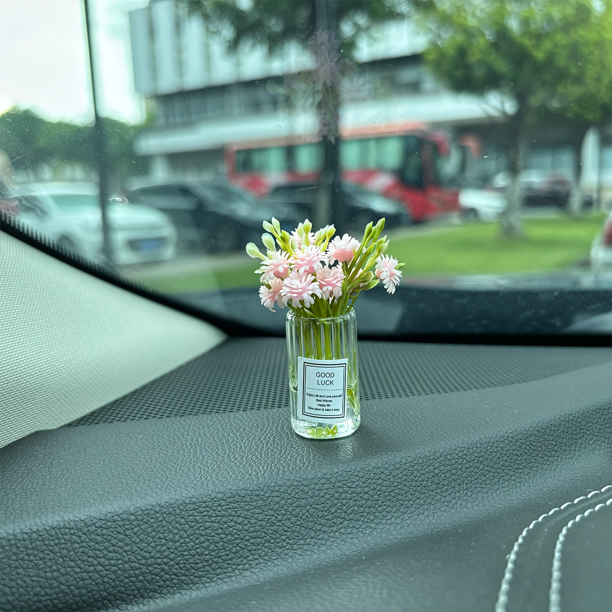 Mini White Flower Arrangement in Glass Vase Car Dashboard Decoration Plastic Ornament