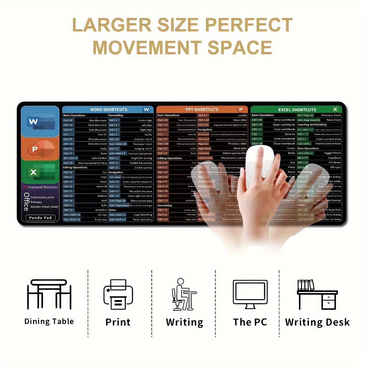 Alfombrilla de ratón extragrande extendida con accesos directos impresos para Word PPT Excel antideslizante y lavable para oficina y juegos