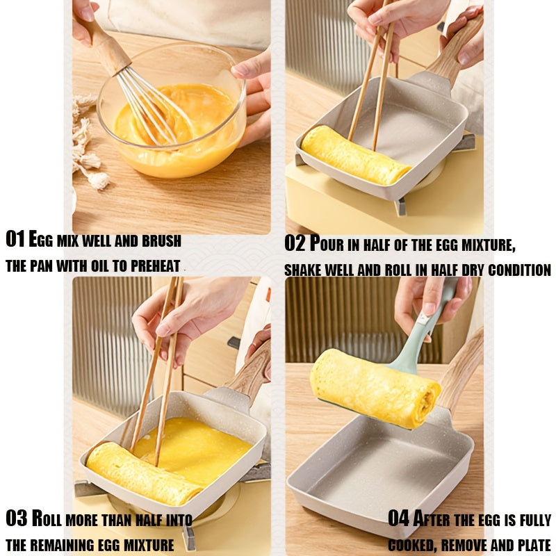 Japanese Style Tamagoyaki Pan Set Non-Stick Silicone Omelette Cookware with Wooden Handle
