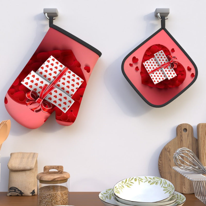 Valentine's Day Oven Mitts and Pot Holders Set Heat-Resistant Red Black Kitchen Decor