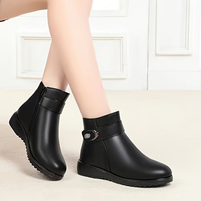 Women's Solid Color Faux Leather Boots with Buckle Zipper and Non-slip Soles