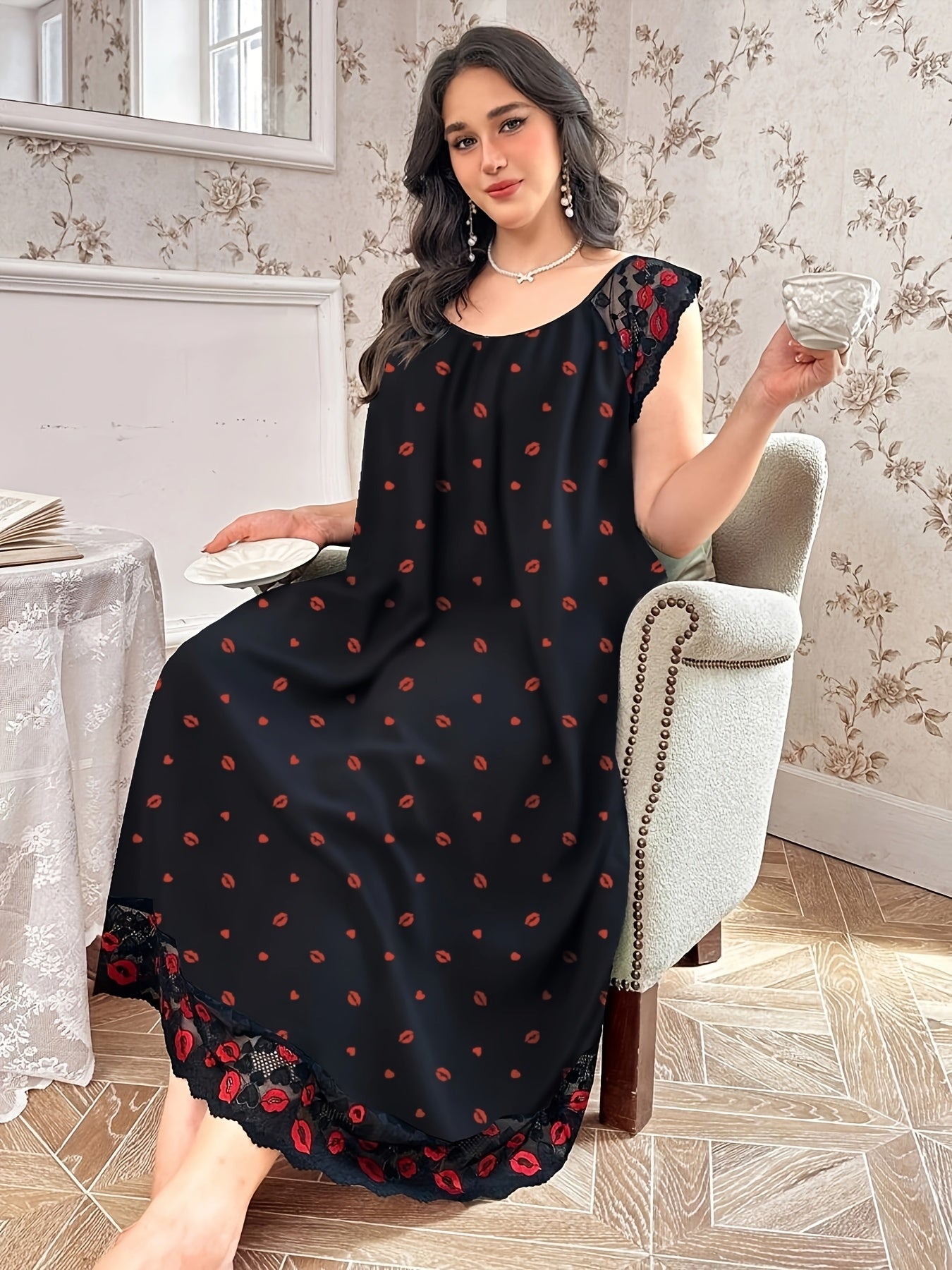 Women's Heart Print Lace Trim Nightgown Polyester Blend All Seasons