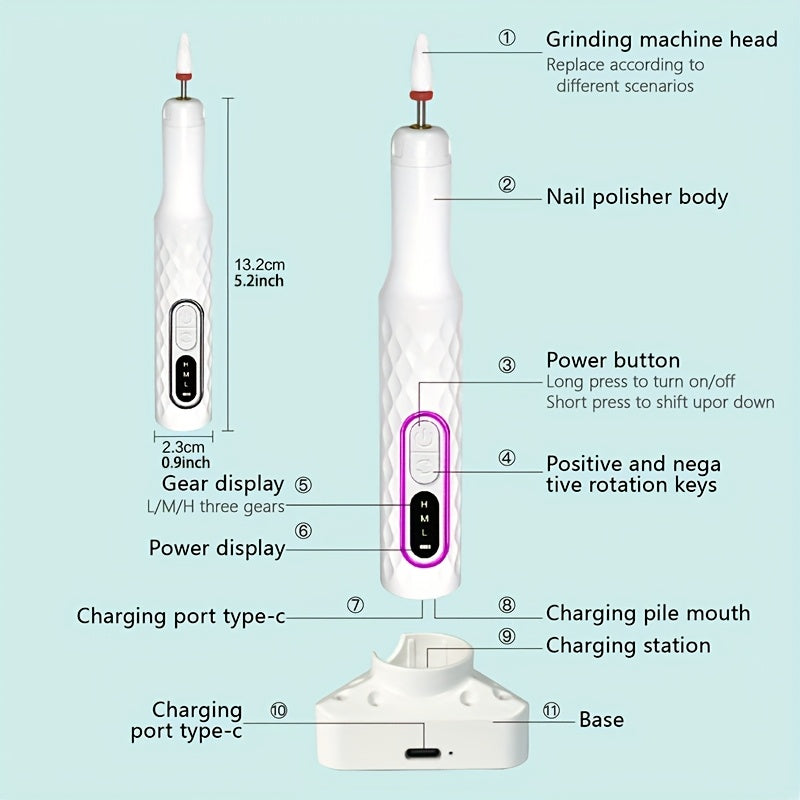 Rechargeable Manicure Grinder Set with Adjustable Modes and Detachable Grinding Heads