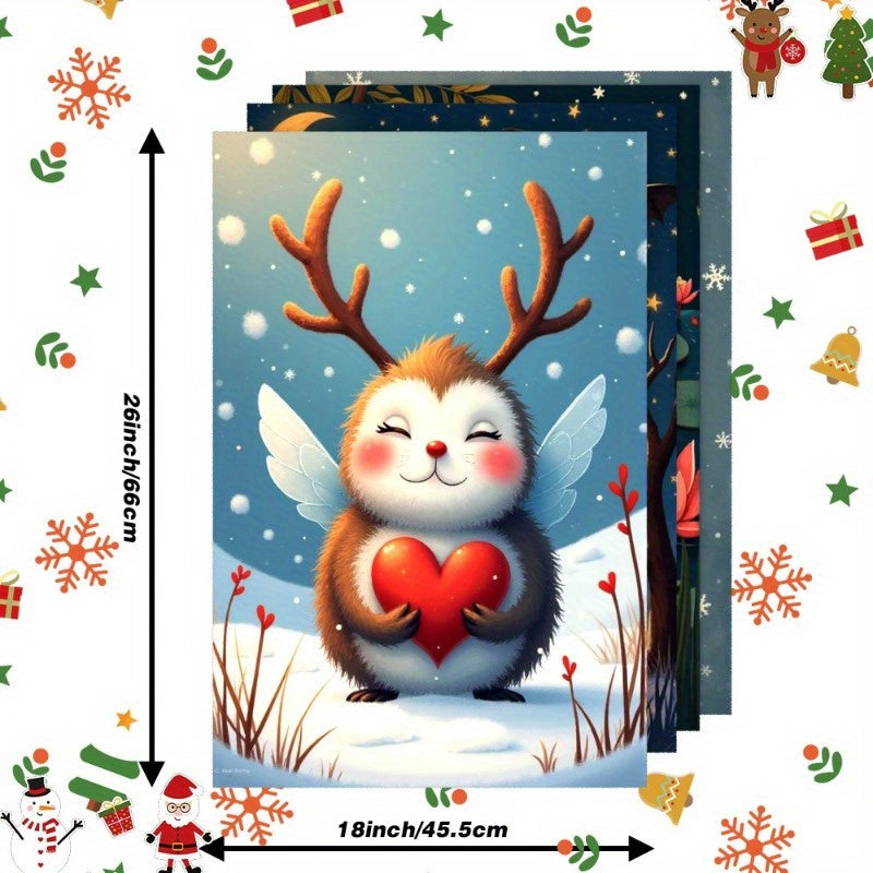 Set of 4 Holiday Kitchen Towels Reindeer Elk Christmas Trees Santa Canvas