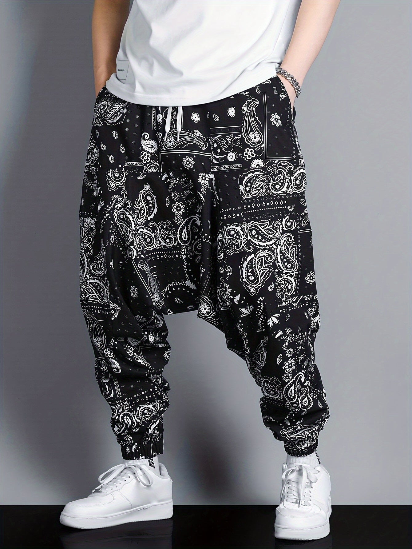 Pantalones jogger oversize para hombre con estampado de patrón paisley en poliéster, ropa casual de calle