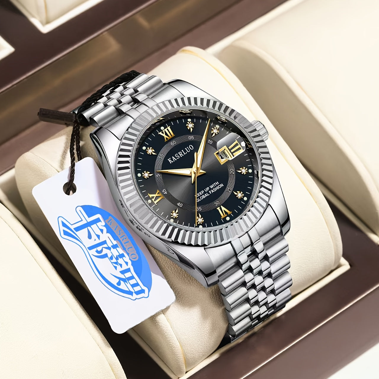 Men's Quartz Watch with Luminous Date Display Gold-Tone Stainless Steel Band Rhinestone Detailing Business Style