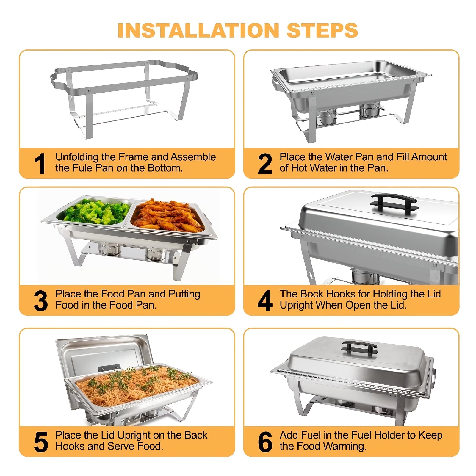 8QT Stainless Steel Chafing Dishes Set with Full and Half Pans for Catering and Events