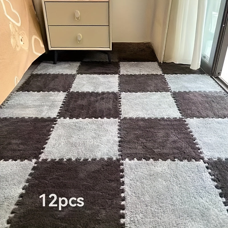 12pcs Square Flower Pattern Plush Area Rugs Set Washable Non-Slip Low Pile Polyester EVA Bedroom Living Room Decor