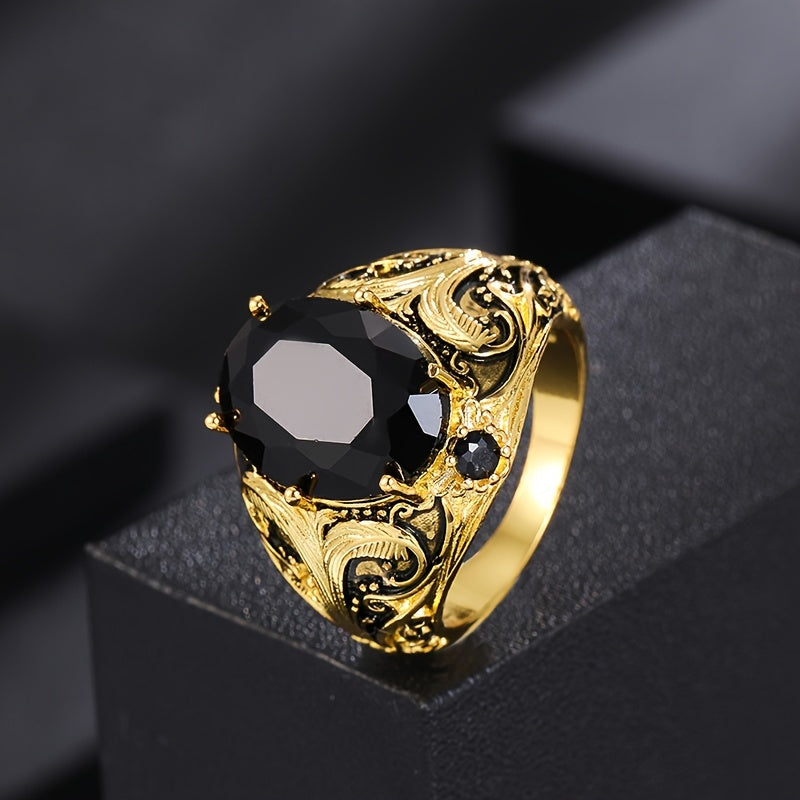 Vintage Style Men's Copper Ring with Black Oval Synthetic Zirconia Inlay