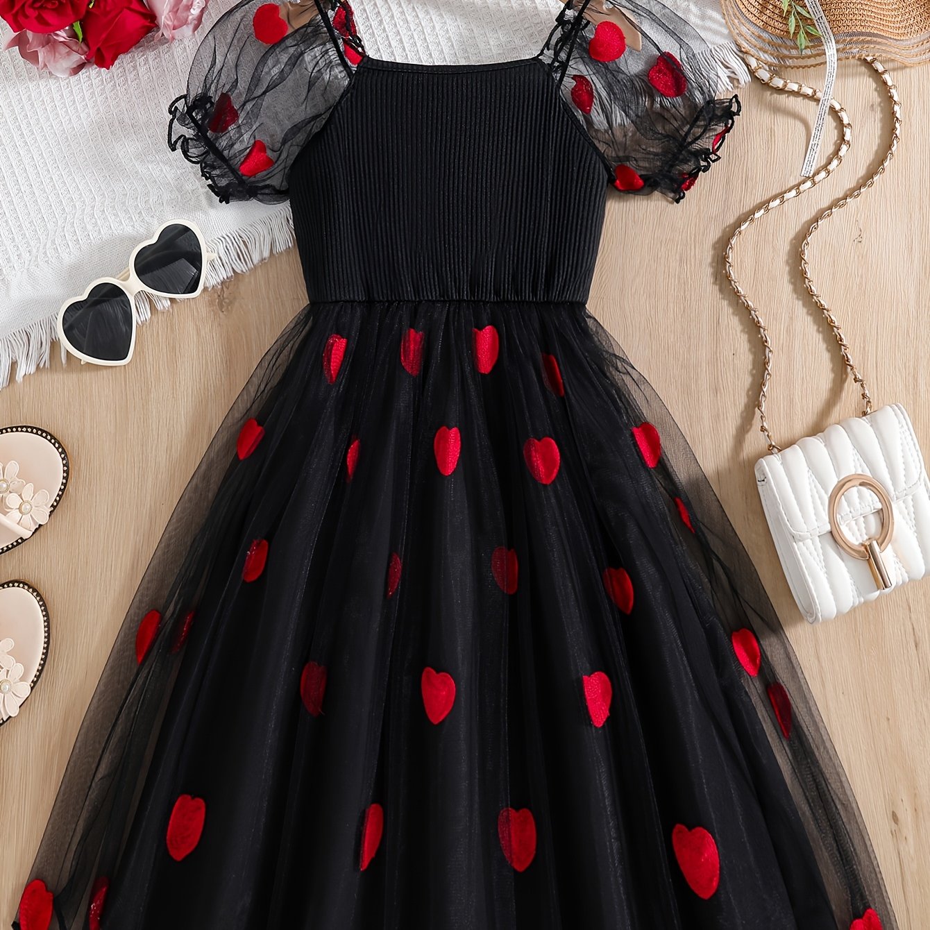 Girls' Summer Black and Red Heart Mesh A-Line Dress for Parties and Outings