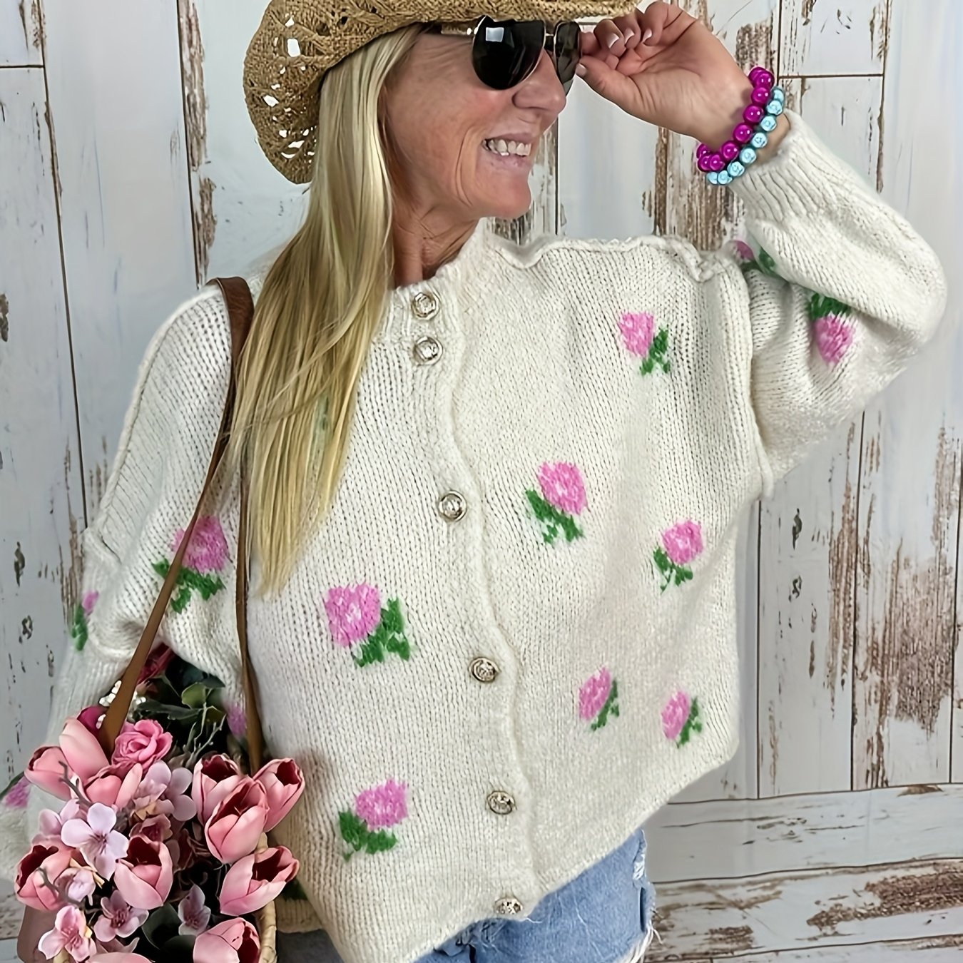 Women's Floral Print Cardigan Textured Knit Autumn Fall Long Sleeve