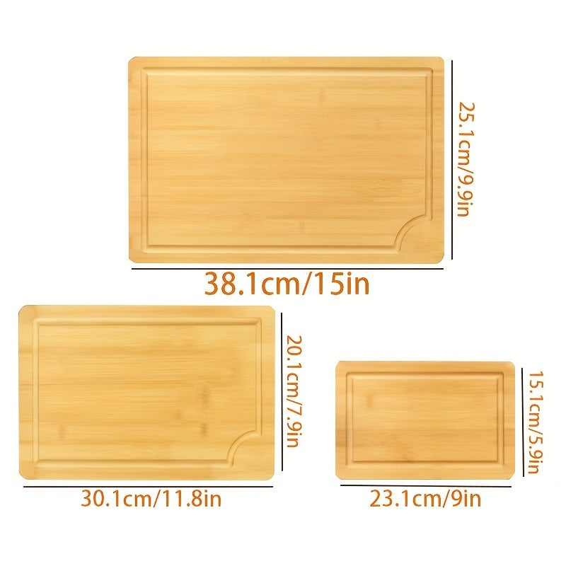Set of 3 Bamboo Cutting Boards with Juice Grooves and Handles for Kitchen