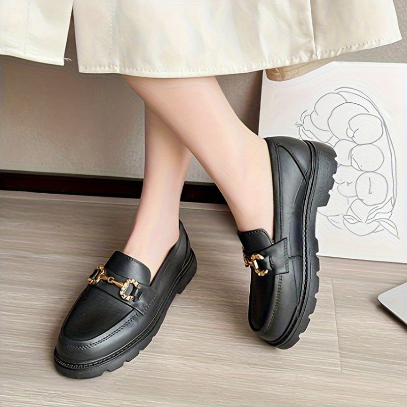 Women White Platform Loafers All-Season Round Toe Penny Style with Golden Buckle