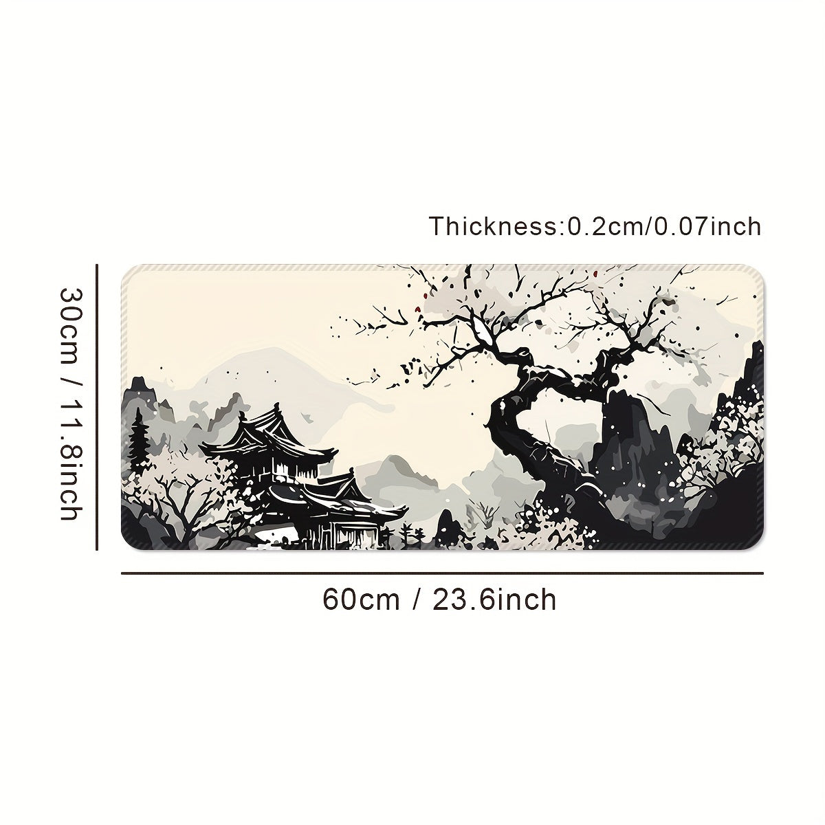 Large Gaming Mouse Pad Washable Non-Slip Rubber Desk Mat Japanese Ink Landscape Design Cherry Blossoms Mountain Scenery