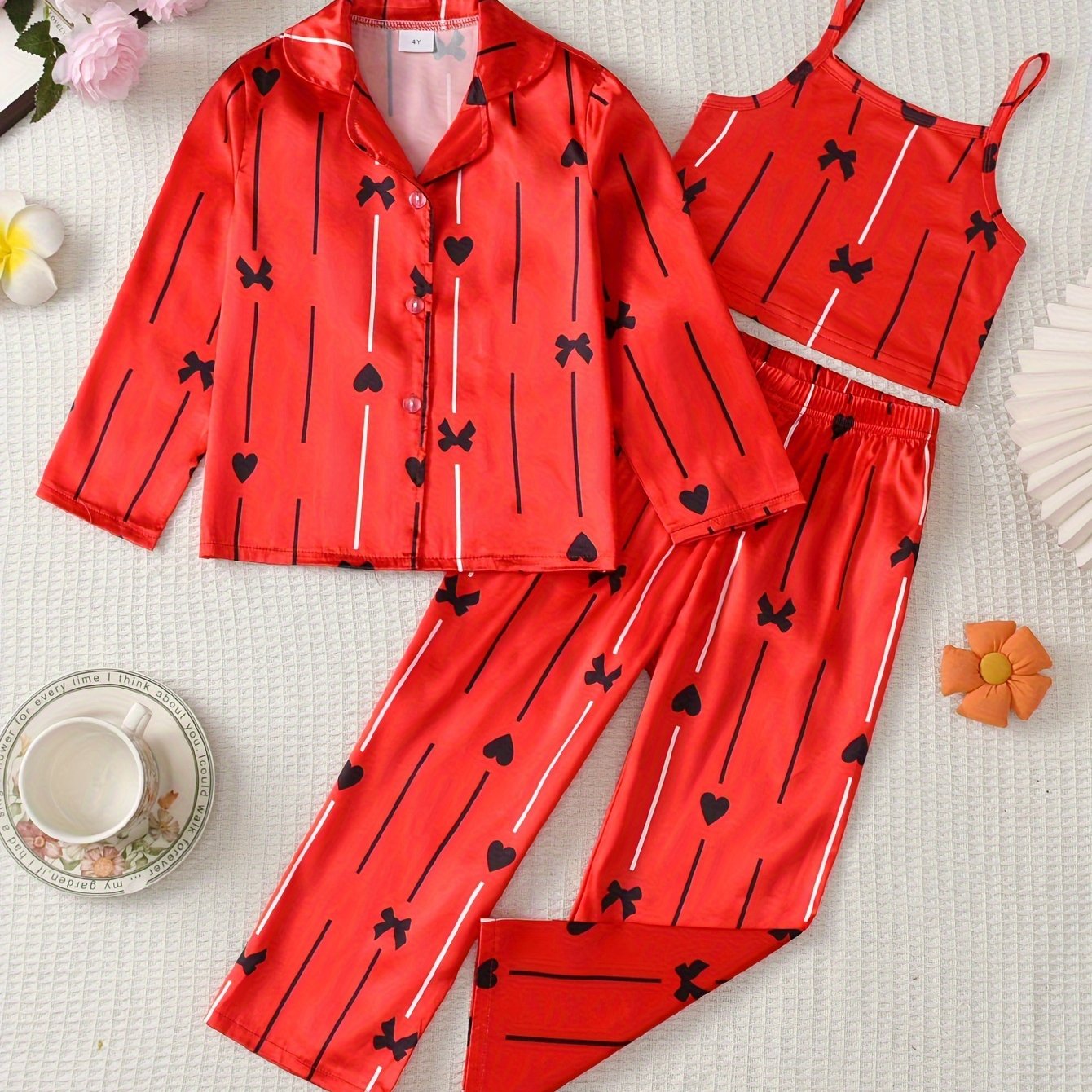 Girls Pajama Set with Heart-Shaped Bow Striped Floral Print Long Sleeve Cotton Casual