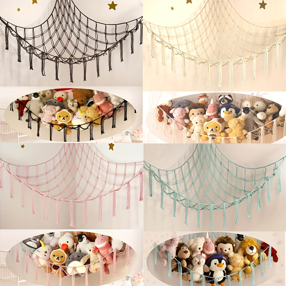 Yoshlar xonasi yoki yashash xonasi dekoratsiyasi uchun ko'p funksiyali osma saqlash to'ri, yoqimli dizayn bilan. Qora, oq, pushti va och ko'k ranglarda mavjud. O'lchamlari 100x100x140 sm. Yengil mato, bezakli yulduz dizayni bilan.