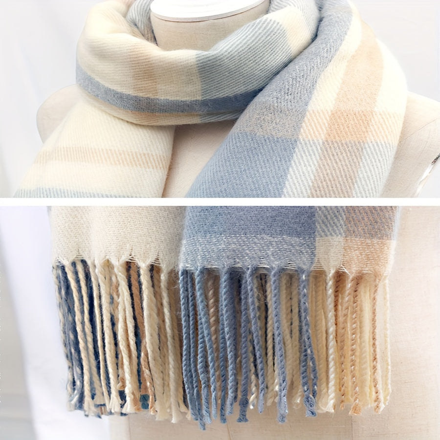 Striped Acrylic Scarf for Women with Tassels Knitted Warm Windproof Casual