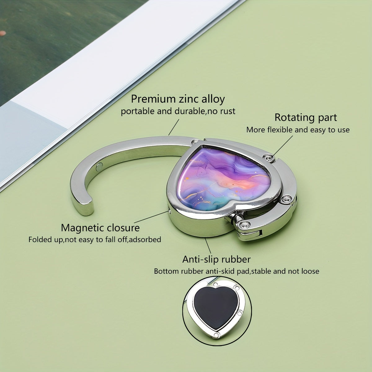 Portable Metal Handbag Hook with Boho Heart Foldable Design in Watercolor Purple Blue Pink