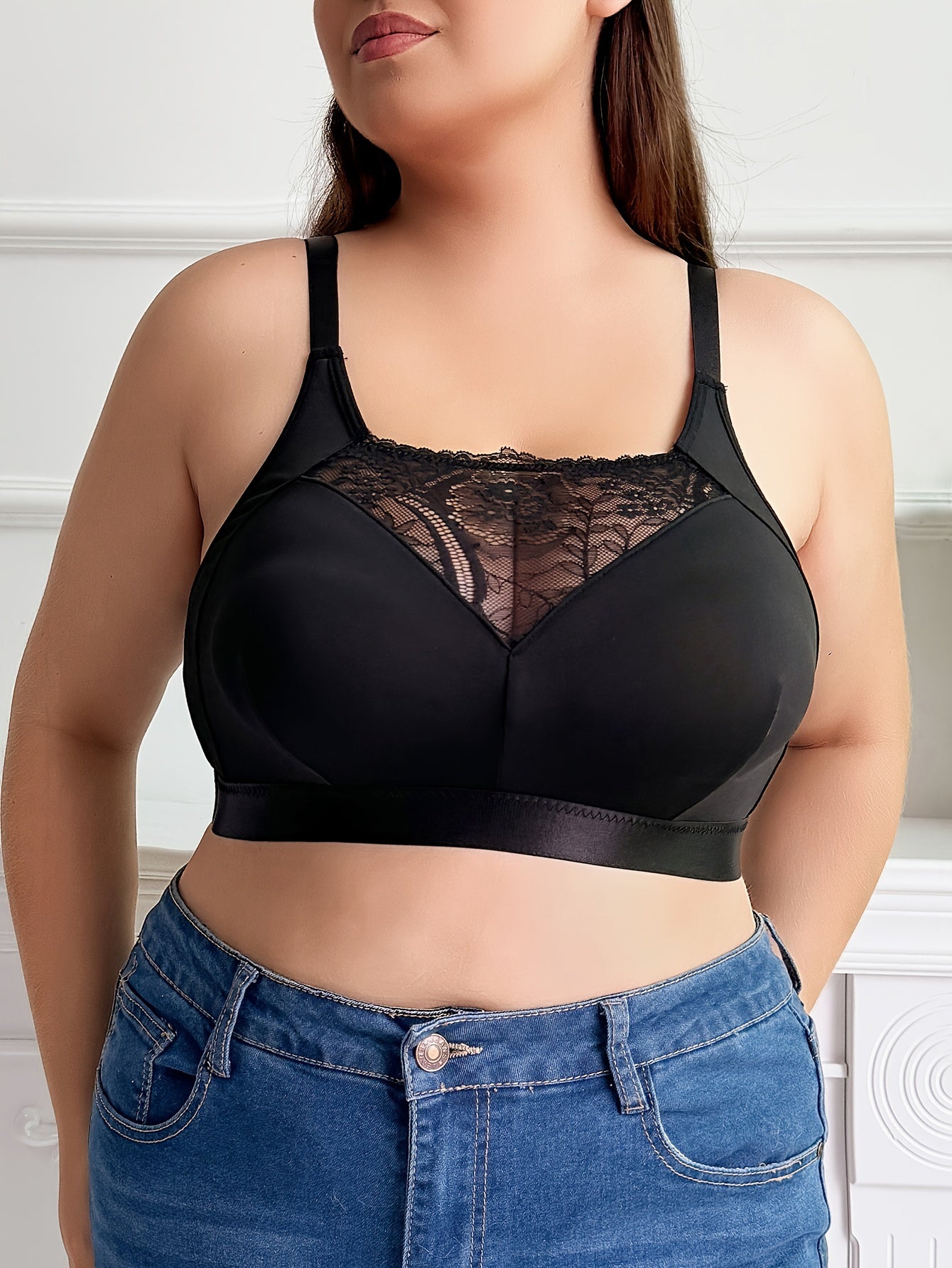 Plus Size Women's Contrast Lace Non Padded Full Coverage Bralette