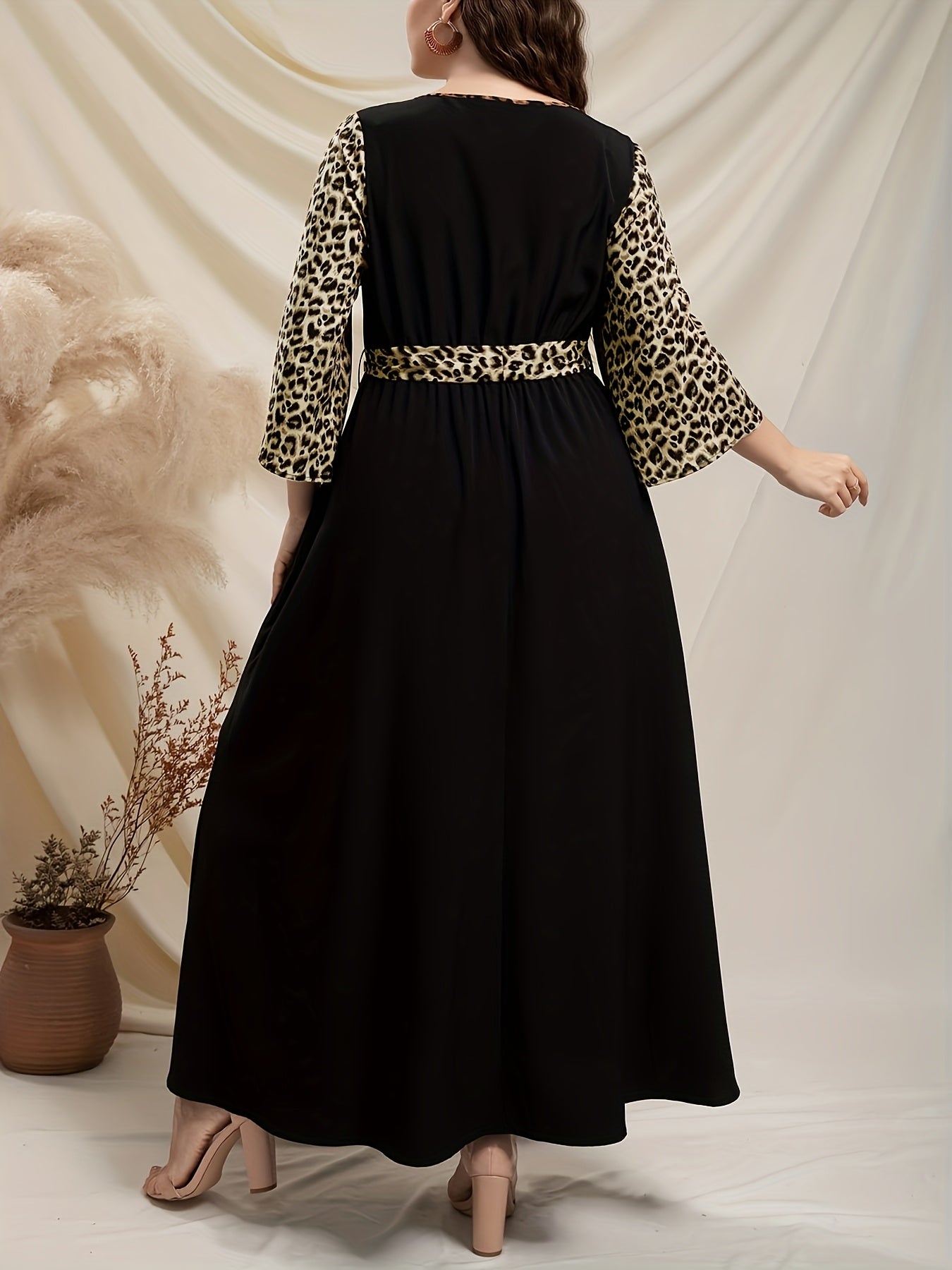 Women's Leopard Print Midi Dress with Lace-Up Detail and Flared Hem