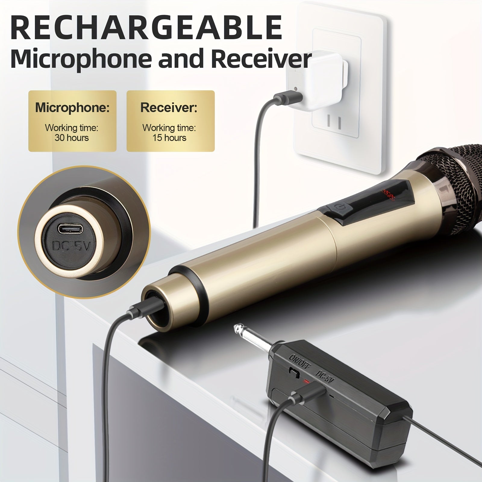 Wireless Handheld Microphone System Rechargeable Karaoke Mic with USB Charging for Events