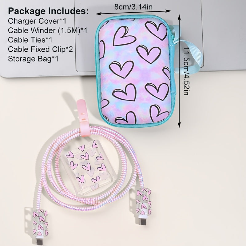 Set of 6 Heart Pattern EVA Cable Management Accessories for iPhone 20W Fast Charging