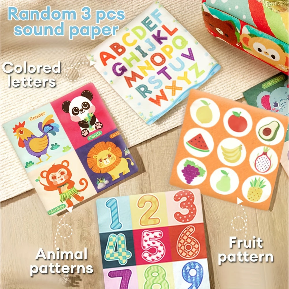 Animal Sensory Learning Toy Set with Tissue Box, Scarf and Crinkle Paper for Kids