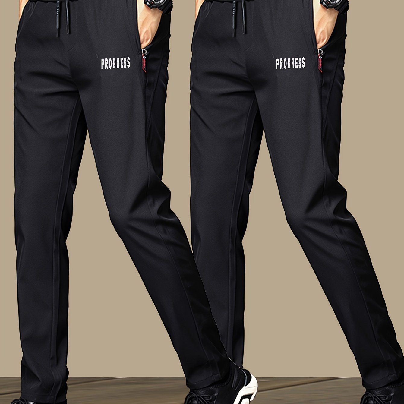 Men's Polyester Casual Joggers with Zipper Pockets Drawstring Waist in Black and Gray