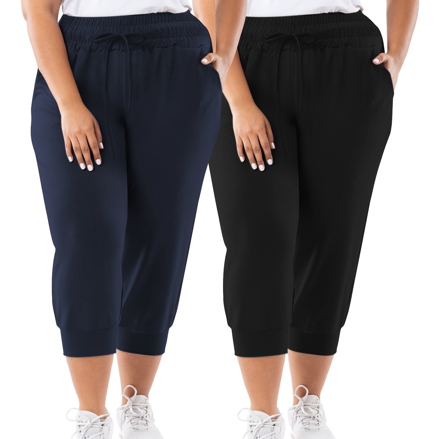 Plus Size Women's Stretchy Capri Joggers Black, Drawstring Waist, Pockets