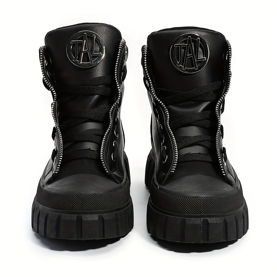 Women's Black High-Top Platform Boots with Zipper and Metallic Accents