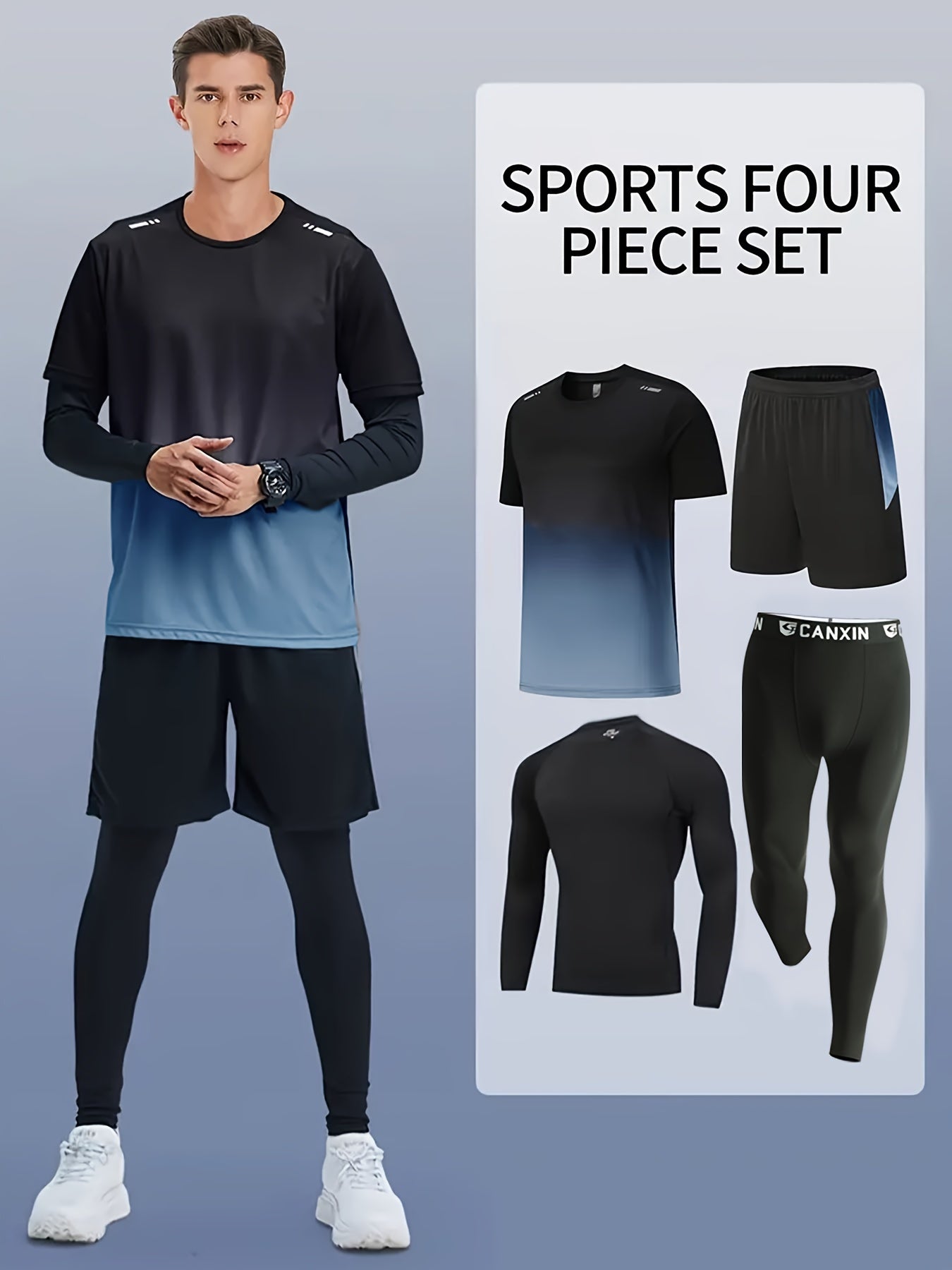 Men's Fitness Suit with Quick-Drying Polyester Shorts and Long-Sleeved Trousers for Outdoor Activities