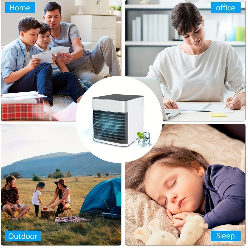 3-in-1 mini portativ konditsioner shamol, tozalovchi va namlantiruvchi sifatida ishlaydi. USB ulanish, 7 ta rang va 3 ta tezlikni o'z ichiga oladi. Turli ichki va transport vositalarining sovutish ehtiyojlari uchun ideal.