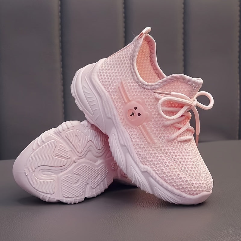 Kids' Pink Knit Sneakers with Cartoon Bear Design Non-Slip Rubber Sole Lace-Up