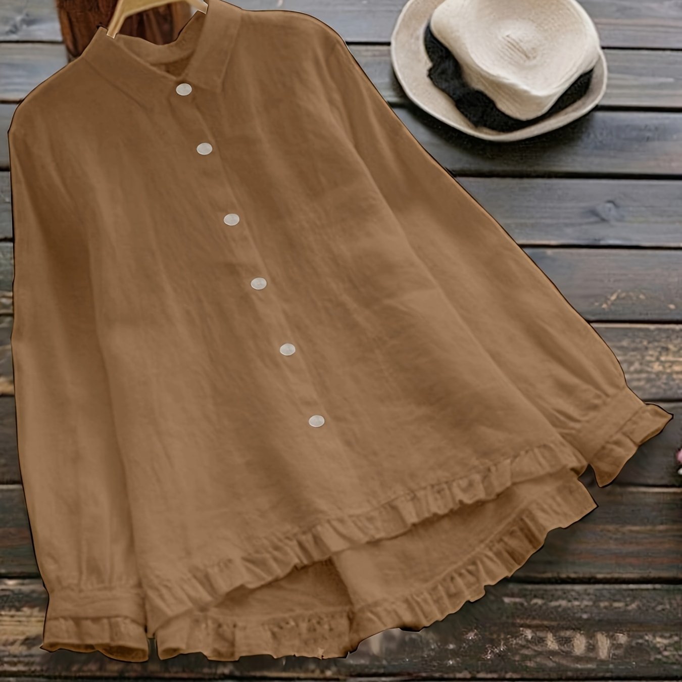 Loose-Fitting Cotton Shirt for Adults with Solid Color, Front Buttons, and Lace Trim