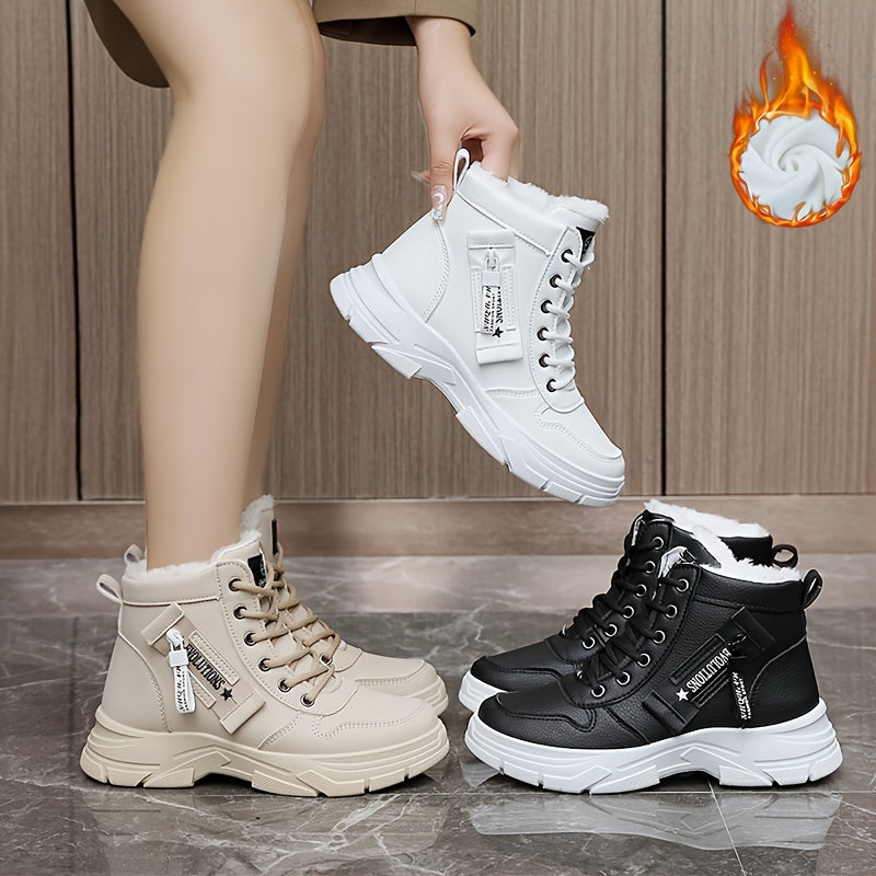 Women's Faux Leather Mid-Top Sneakers with Thick Platform Sole Beige Cold Weather Shoes