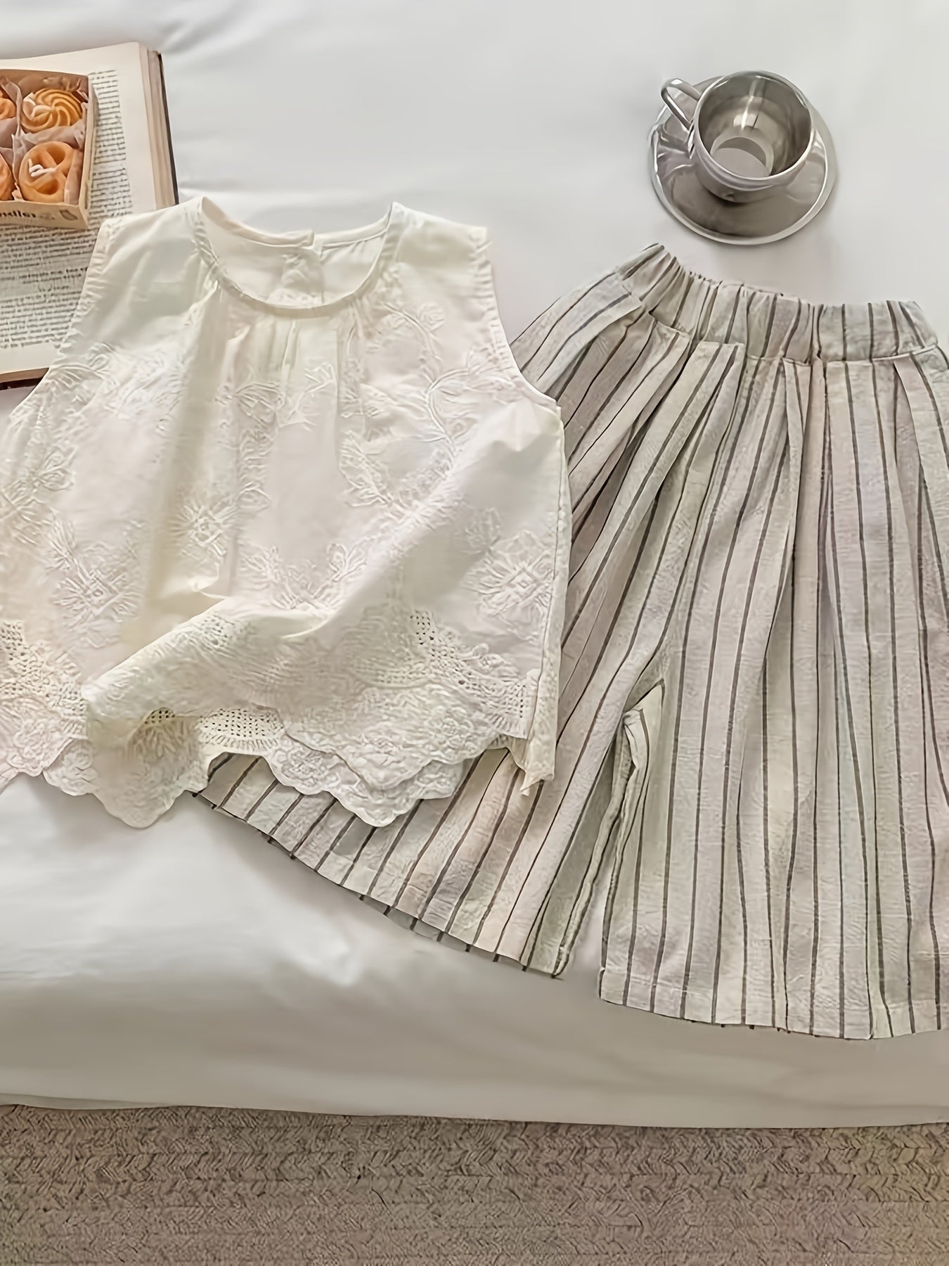 Girls Summer Outfit Cotton Striped Wide Leg Pants Sleeveless Vest Casual Style