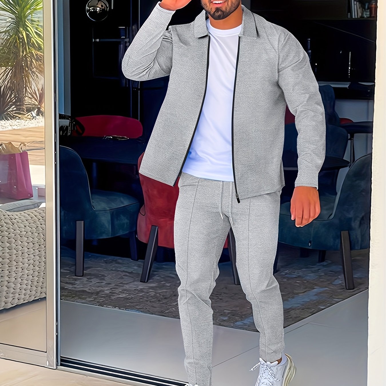 Men's Lightweight Casual Sports Set with Zipper Long Sleeves and Lapel Collar