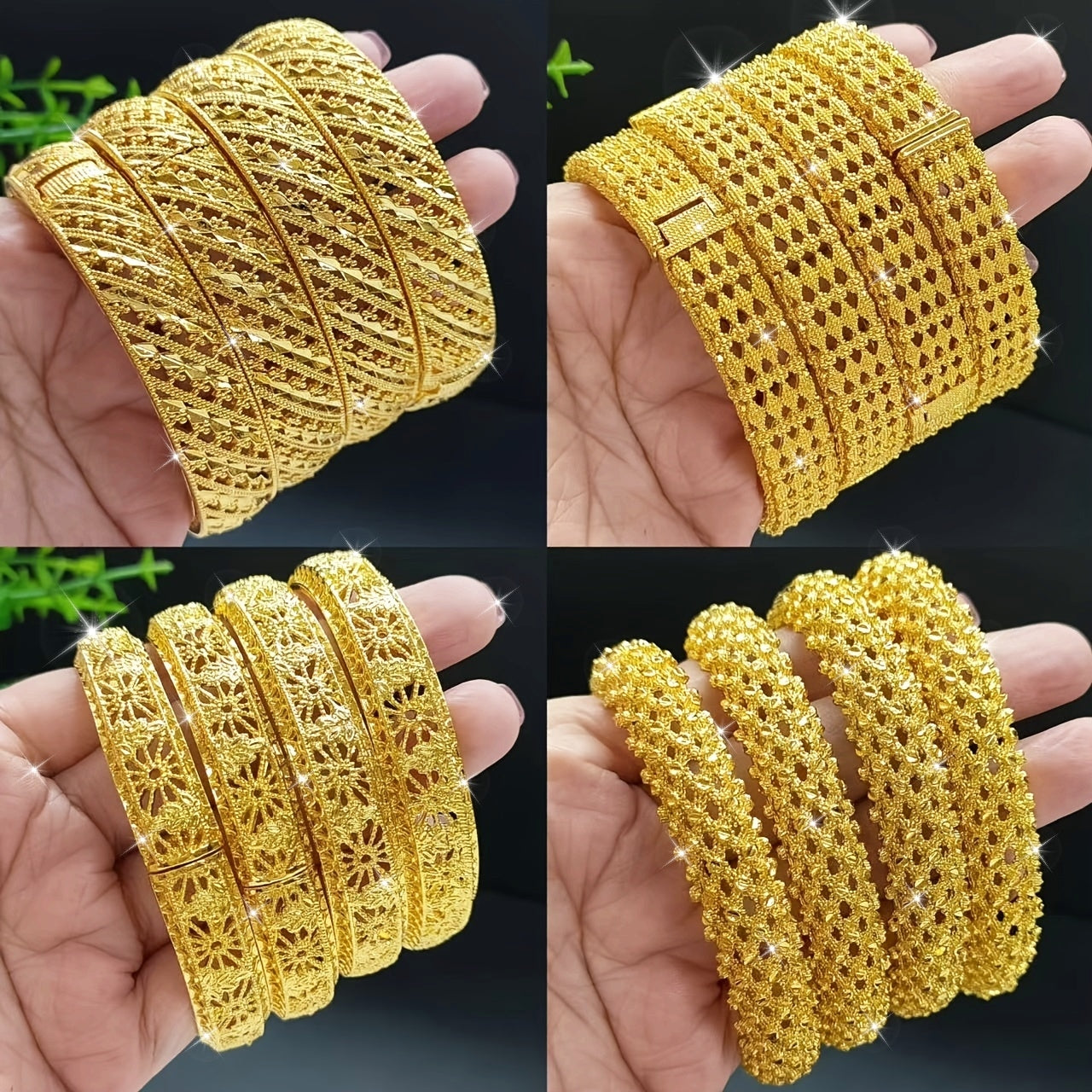 Set of 4 Women's Carved Silver Bangle Bracelets for Wedding and Gift