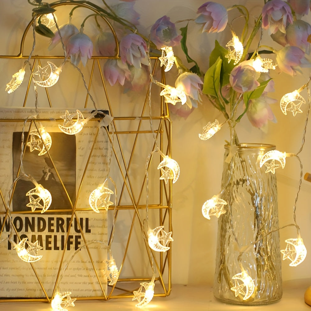 Battery Operated LED String Lights with Star and Moon Design for Indoor Decor Weddings Parties Ramadan Eid