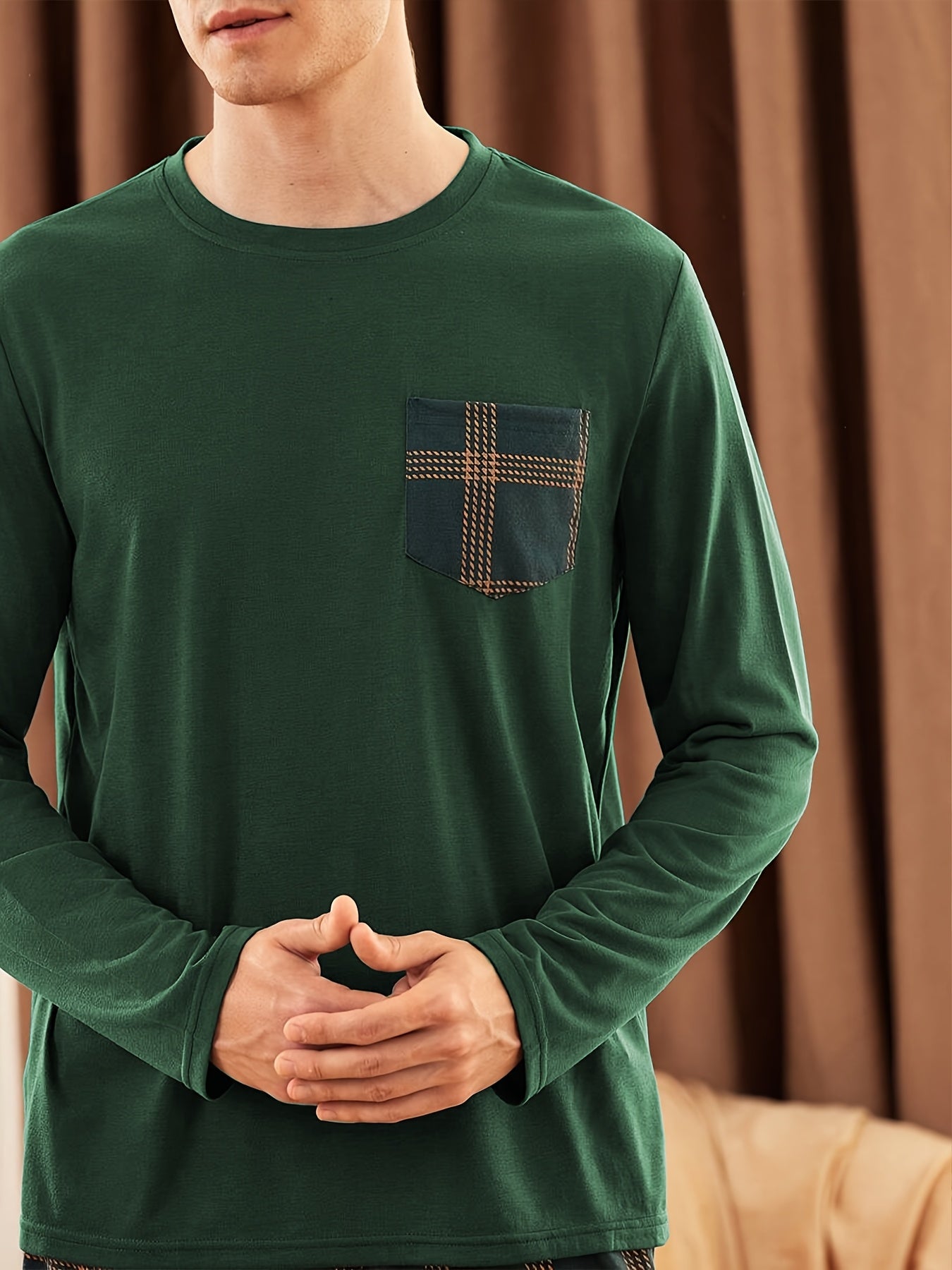 Men's Dark Green Long Sleeve Pajama Set with Plaid Trousers