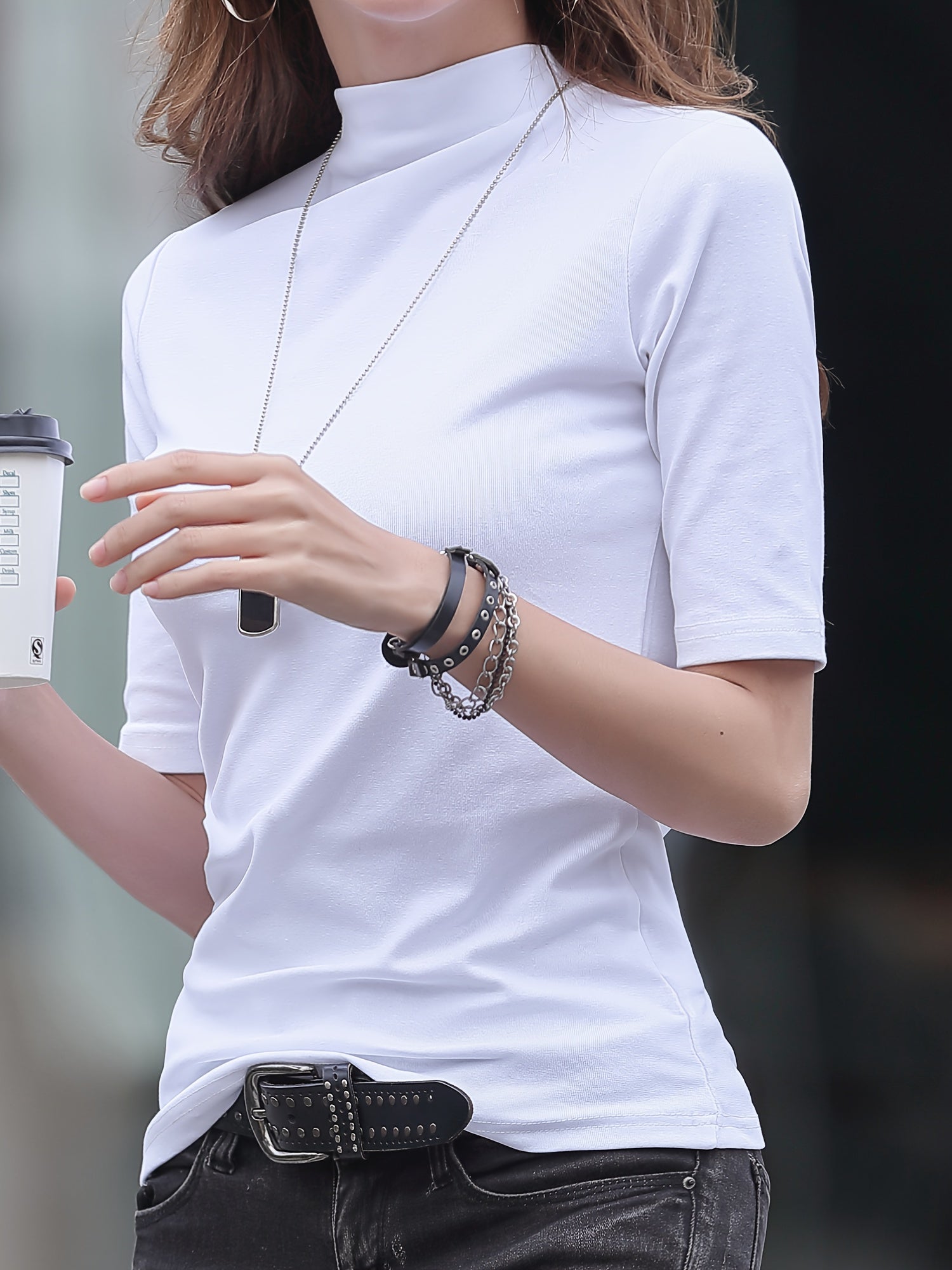 Women's High Neck Polyester T-Shirt Solid Color Casual Spring Fall